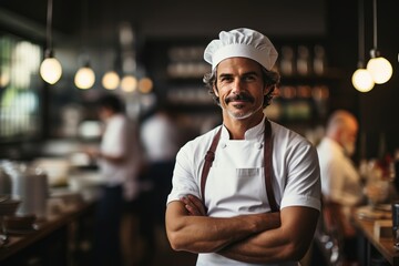 Smiling middle aged caucasian chef in kitchen wearing apron and hat with arms crossed