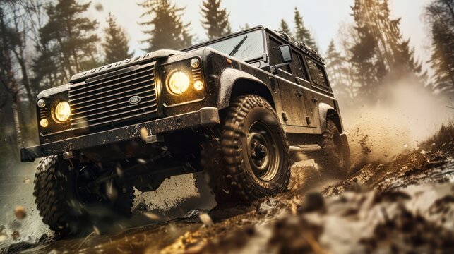 Close up photo of a large offroad wheel with a 4x4 car set against a sunset and mountains representing the travel concept Copy space image Place for adding text or design