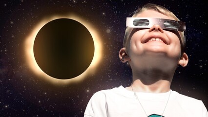 A little boy in solar eclipse protective sunglasses fantasizes about space travel and eclipses.	