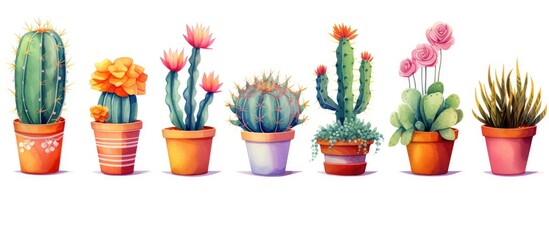 A row of houseplant cactus plants in flowerpots displayed on a white background. The rectangular arrangement adds a touch of greenery to the landscape