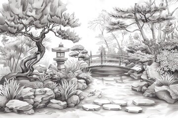Pencil sketch of a peaceful Japanese garden with a focus on the delicate shapes of the bonsai trees