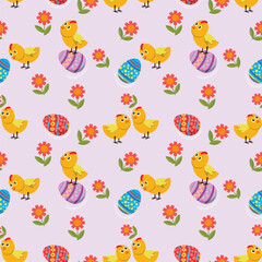 Cute chicken with Easter egg and flowers pattern.
