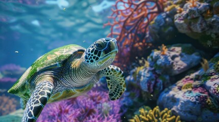 Obraz premium Green sea turtles swim around colorful coral reefs.