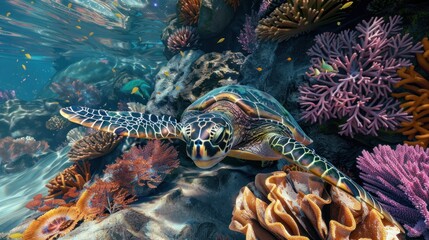 Green sea turtles swim around colorful coral reefs.