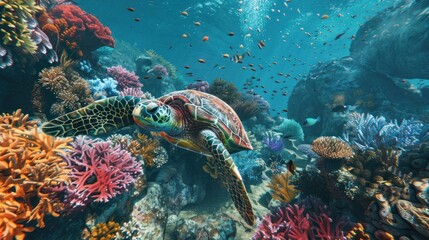 Naklejka na ściany i meble Green sea turtles swim around colorful coral reefs.