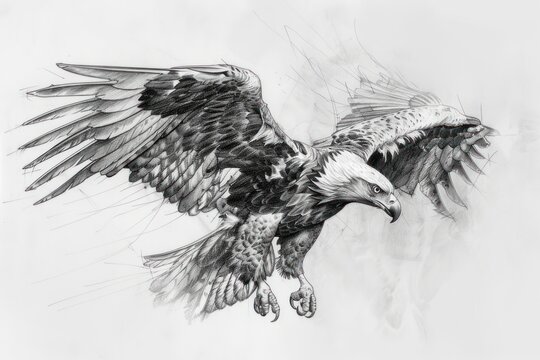 Pencil sketch of a majestic eagle in flight capturing the spread of its wings and the intensity of its gaze