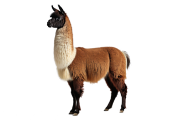 Llama, full body, standing upright, exquisite fine texture of its wool coat visible, ears perked up in alertness, isolated against a stark white backdrop, professionally lit