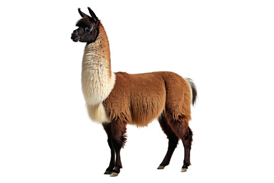 Llama, full body, standing upright, exquisite fine texture of its wool coat visible, ears perked up in alertness, isolated against a stark white backdrop, professionally lit
