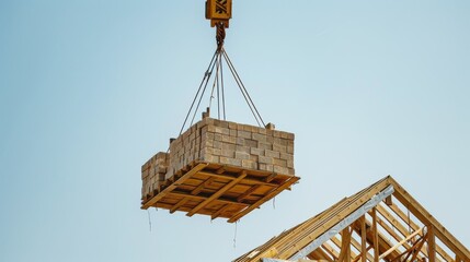 Fototapeta na wymiar Construction of a new house with a crane on a background of blue sky