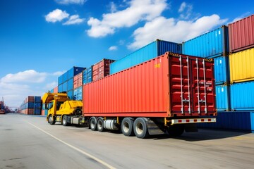 International cargo logistics  container ship at port, plane over truck with shipping containers