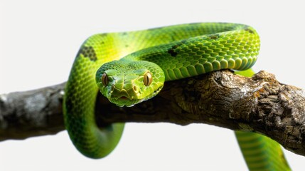 Obraz premium green snake on a tree branch. transparent
