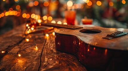 Music festival background. Acoustic guitar, red rose petals, candles