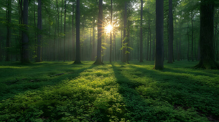 Rays of light, Forest in the fog, Morning in the forest, Green forest panorama scenery with...