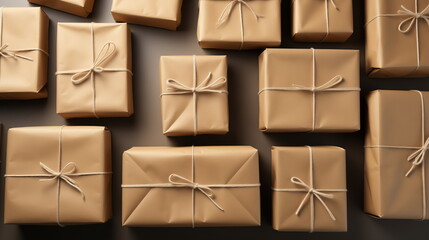 Parcels background. Brown gift boxes tied with rope on a flat gray background. The boxes are various sizes and shapes, all wrapped in brown paper.