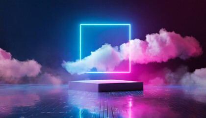 Abstract pink blue neon square frame and glowing cloud. Holographic gradient geometric shape