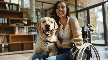 Happy businesswoman in wheelchair with dog at work