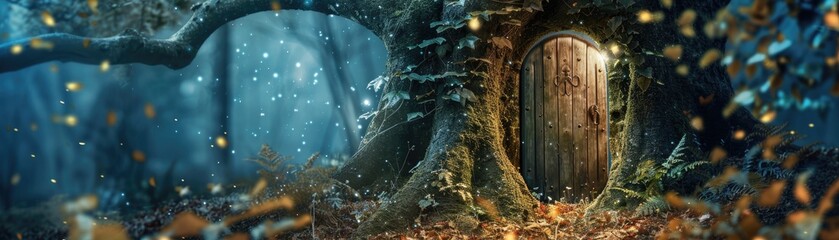 Enchanted door in a tree opening to a fairy tale land - obrazy, fototapety, plakaty