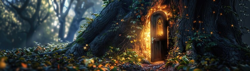 Enchanted door in a tree opening to a fairy tale land - obrazy, fototapety, plakaty