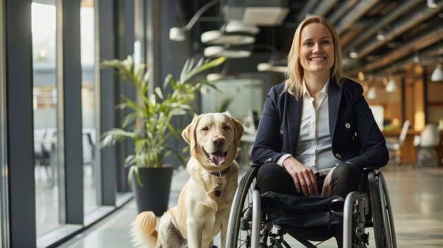 Happy businesswoman in wheelchair with dog at work