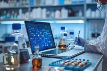 Molecular modeling in drug discovery scientists reviewing on a laptop