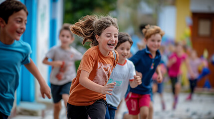 Joyful Children Racing in Schoolyard on International Children's Day - obrazy, fototapety, plakaty