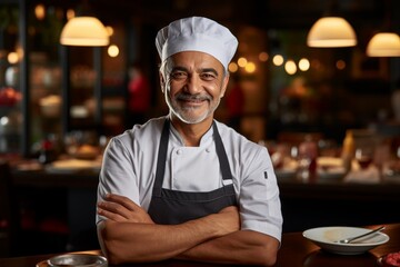 Smiling middle aged male chef in kitchen, wearing chef s hat and apron with arms crossed