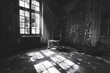 Abandoned room with a lonely chair and sunlight - Monochrome image of a solitary chair in a deteriorated room lit by a window, evoking feelings of nostalgia - obrazy, fototapety, plakaty