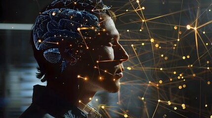 Man profile with neural network connections overlay - Image of a man's side profile with a visible brain and glowing network connections implying thought processes and intelligence