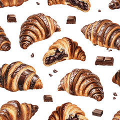 Seamless pattern design with drawings of croissants and chocolate.  Perfect for product packaging, home textile, wrapping paper and stationery