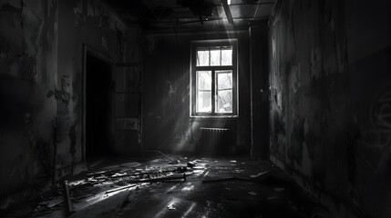 Fototapeta na wymiar Abandoned building interior with glowing window - An eerie, moody shot of an abandoned building with a single glowing window among dark, dilapidated surroundings