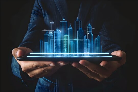 Hand holding a hologram of futuristic cityscape - Representation of a person holding a tablet projecting a 3D holographic image of a futuristic city, implying innovation and urban planning