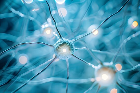 Bright neural connections in a scientific blue environment - Digital concept of a neuron cell with connections, symbolizing brain activity, neural network, and scientific discovery