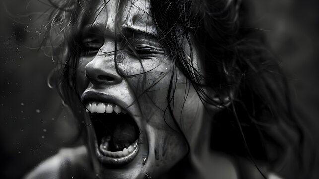 Intense black and white portrait of a screaming woman - A high-contrast monochrome photograph captures the raw emotion of a woman screaming