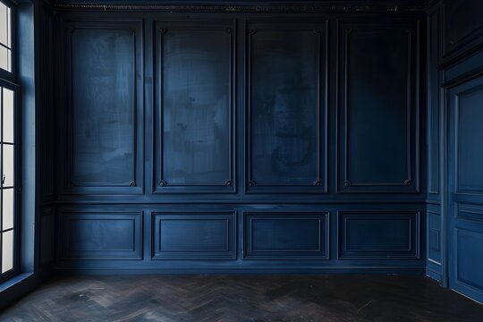 Classic interior of a dark hued empty room - A traditional architectural space featuring dark blue paneled walls and a herringbone wood floor