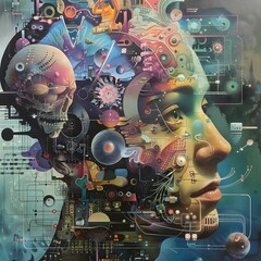 Abstract science fiction skull with circuits - A complex cybernetic composition featuring a human skull surrounded by futuristic circuitry and machinery