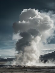 Erupting geyser under blue skies - An enchanting image showcasing the eruption of a geyser, stretching high into the blue sky, surrounded by a tranquil landscape