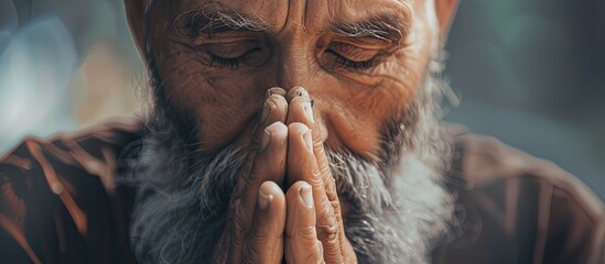 A man with facial hair and a beard is making a praying gesture with his hands folded in front of his face. The wrinkles on his forehead show his concentration - obrazy, fototapety, plakaty