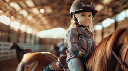Young brown-haired girl practices riding a horse - obrazy, fototapety, plakaty