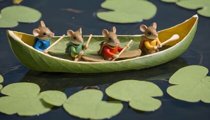 Mice In A Leaf Canoe Floating On A Pond