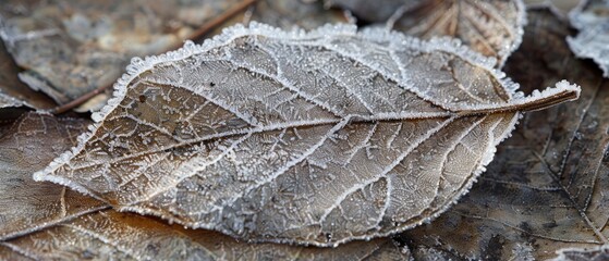 The delicate structure of a frost-covered leaf highlighting the beauty of winter