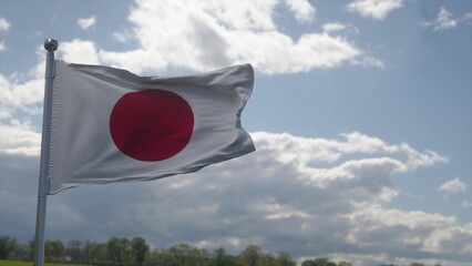 Japan flag on flagpole waving against blue sky. 3d illustration