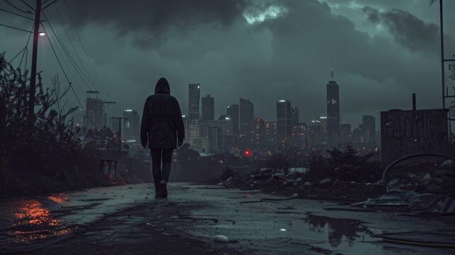 An ominous image portraying the onset of a recession,  with a darkened skyline and a solitary figure walking amidst deserted streets. Model aged 30-45,  male,  symbolizing economic downturn.