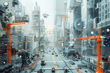 Futuristic Cityscape with Drones and High-Tech Public Transport System