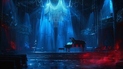 Envision a dramatic setting with rich cinematic colors enveloping the space, highlighted by intricate blue stage lighting and cascading ropes overhead. Amidst it all, a solitary figure sits, singing p - obrazy, fototapety, plakaty