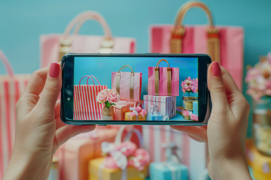 Close-up view of hands holding smartphone with photo of various gift bags and presents against blue background.