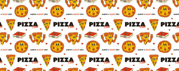 Seamless pattern with pizza. Can be used for pizza delivery boxes, wrapping paper, and more. Trendy retro groovy 70s-80s style.