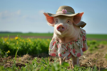 illustration of a little pig in a dress and straw hat in field