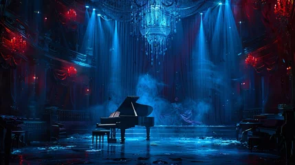 Fototapeten Envision a dramatic setting with rich cinematic colors enveloping the space, highlighted by intricate blue stage lighting and cascading ropes overhead. Amidst it all, a solitary figure sits, singing p © growth.ai