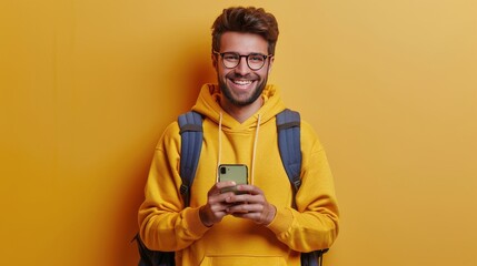Man in Yellow Sweater Holding Cell Phone
