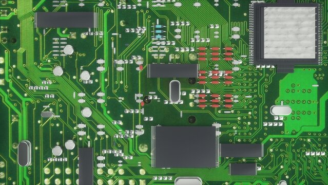 Camera moves around computer components. Seamless looping 3D animation of a circuit board top shot. 3d illustration